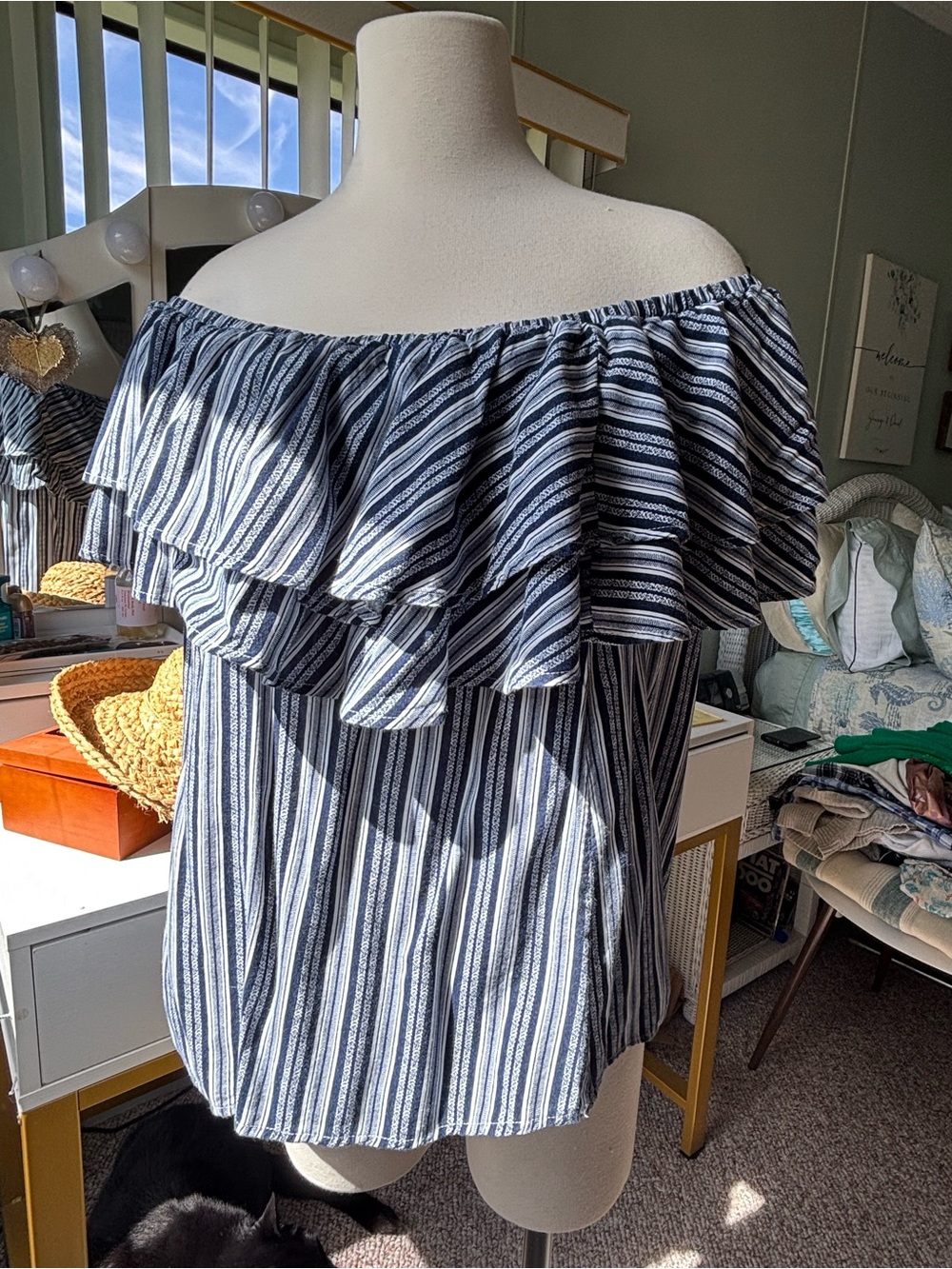 Source Unknown Off-Shoulder Ruffle Striped Top - Blue & White